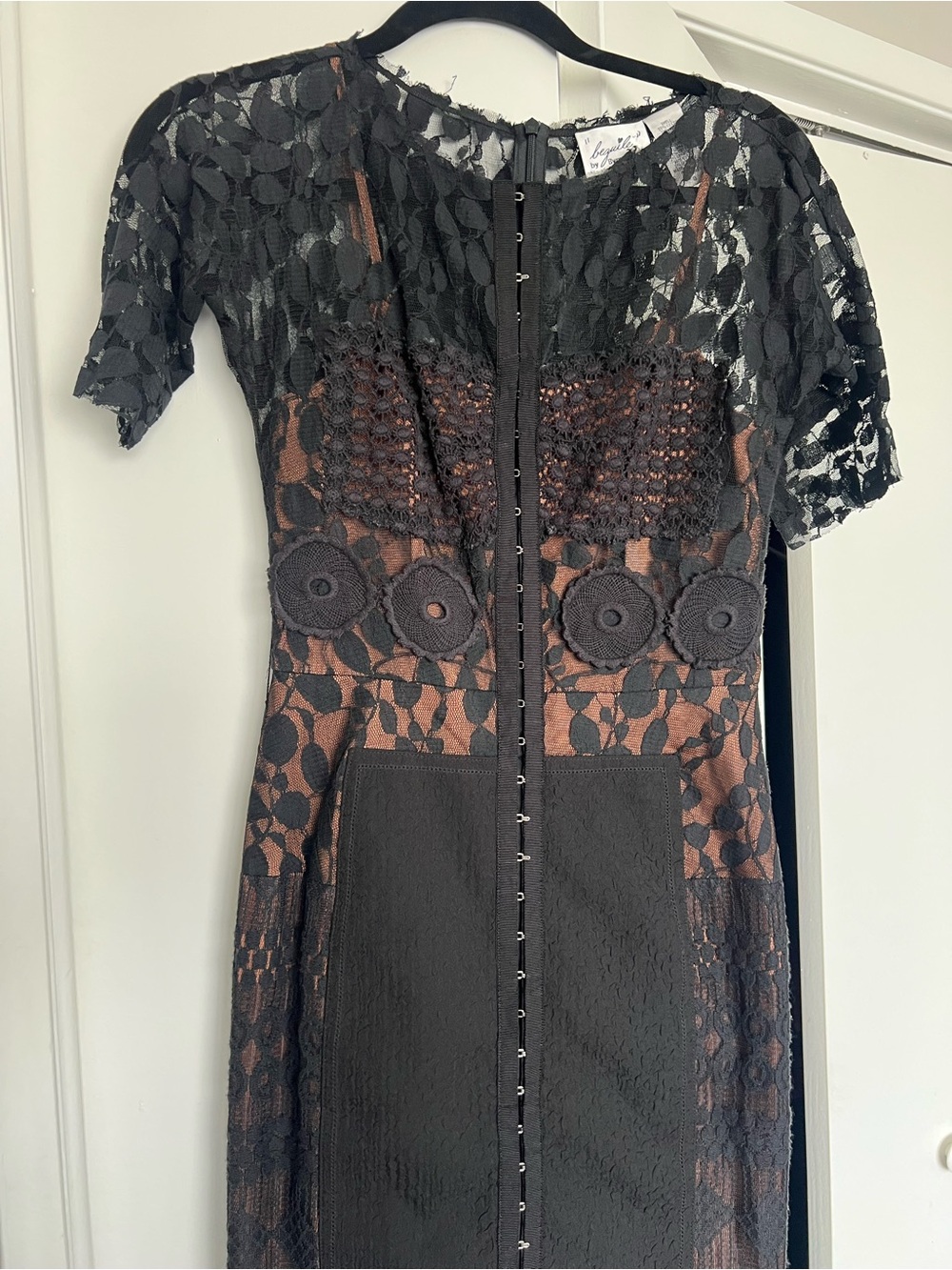 Byron Lars Black Lace Overlay Dress with Brown Underlay